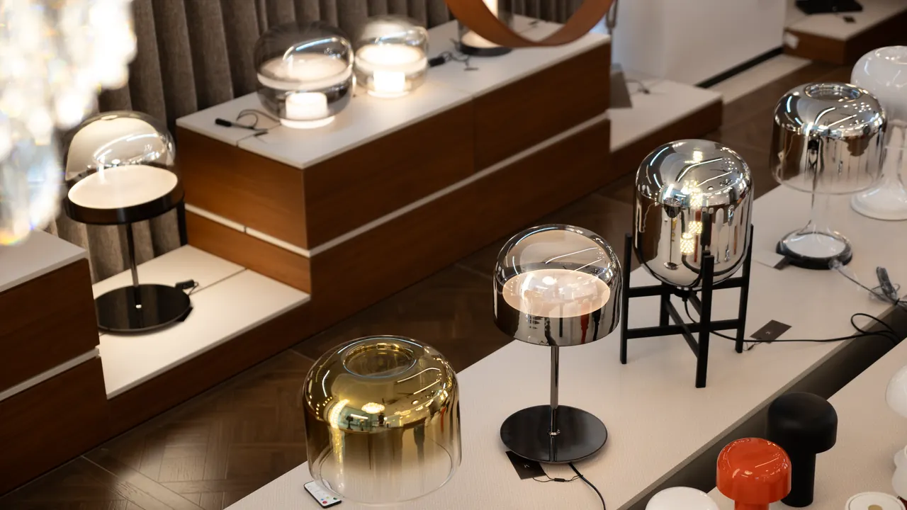 Lighting fixtures displayed in a showroom