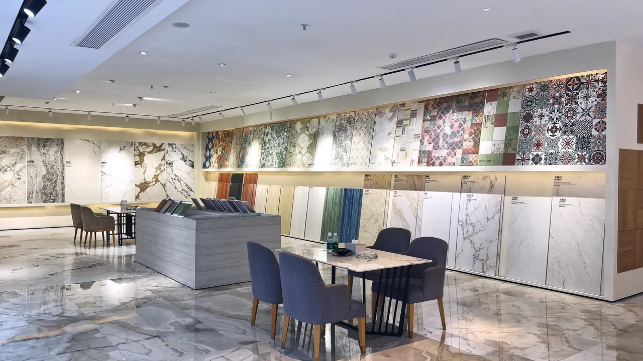Patterned tiles on a showroom display wall