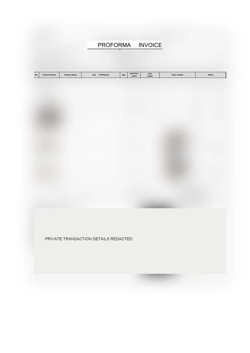 Redacted proforma invoice page from the supplied records