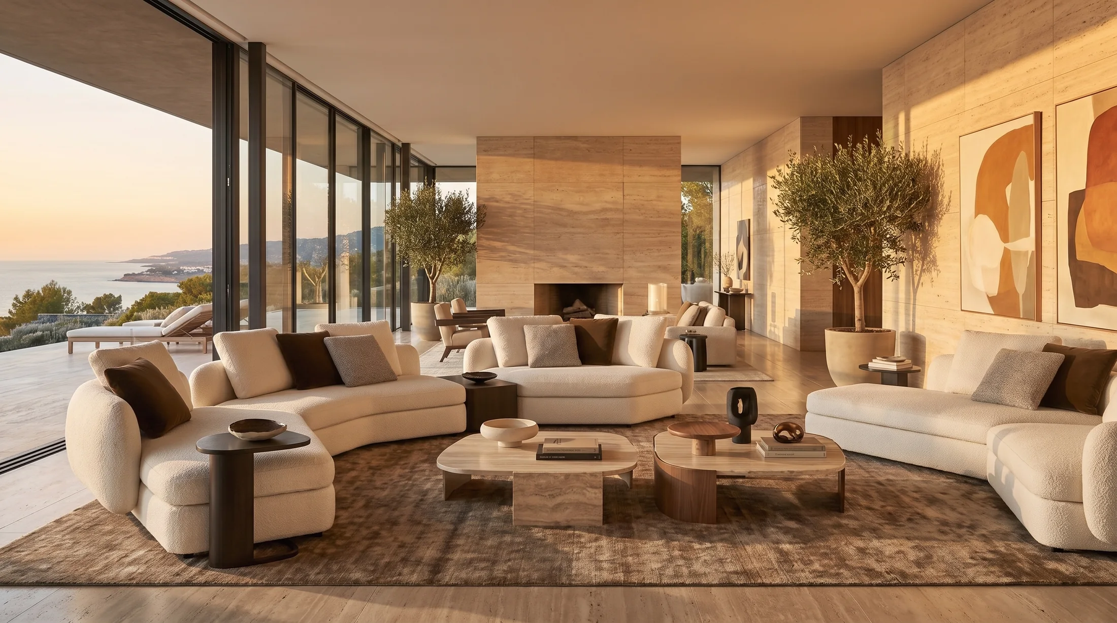 An open living space with curved seating, full-height glazing and natural stone