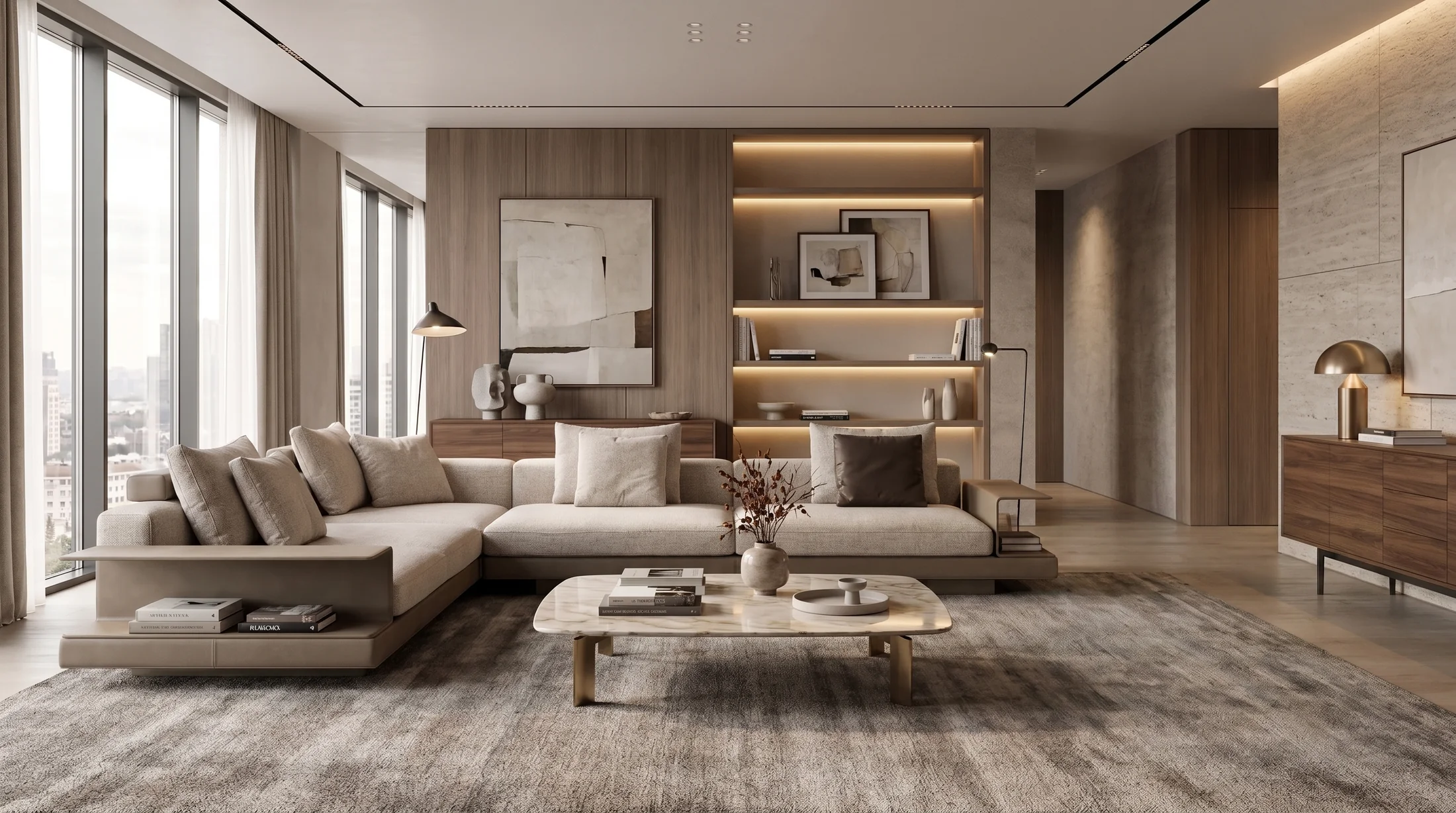 A contemporary living space framed by timber joinery and pale stone